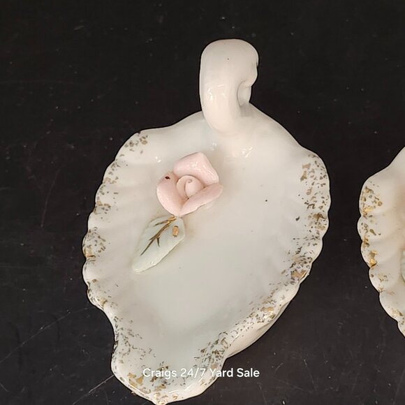 Pair Swan Porcelain Salt Cellars Roses Japan Mid Century MCM Vintage - Picture 5 of 8
